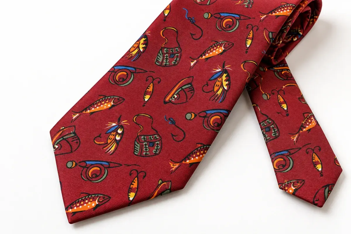 Red tie with multicolor illustrated motifs distributed across the blade.