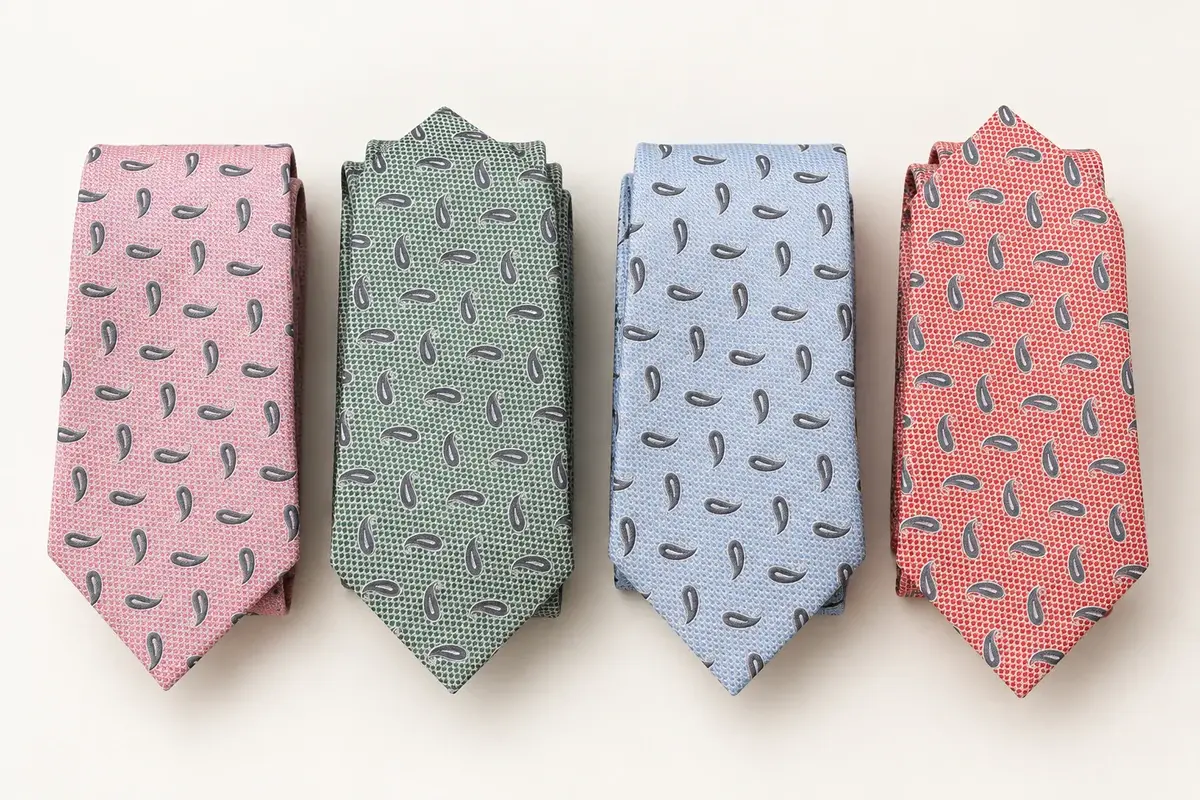 Four folded pastel ties showing small repeated motifs across their blades.