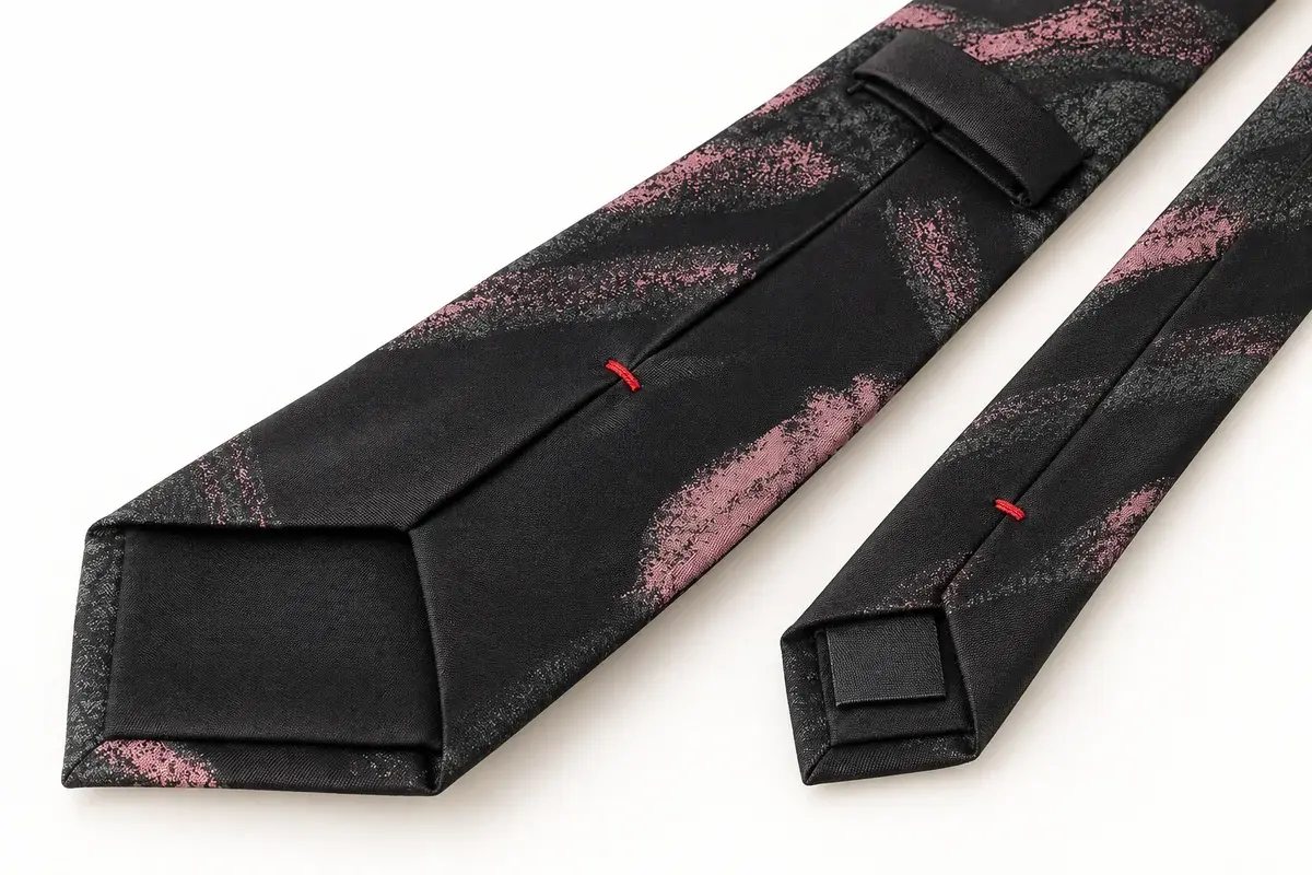 Dark patterned tie reverse with plain labels, center seam.