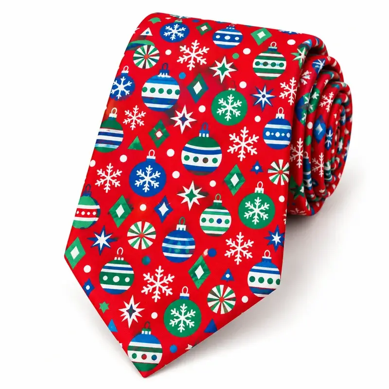 Red tie with full-color snowflake, ornament and geometric seasonal motifs.