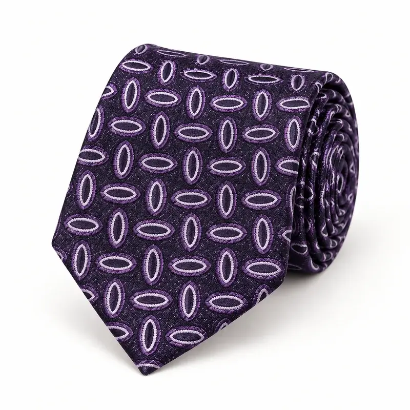 Rolled dark purple tie with repeating pale oval and circular outlines.