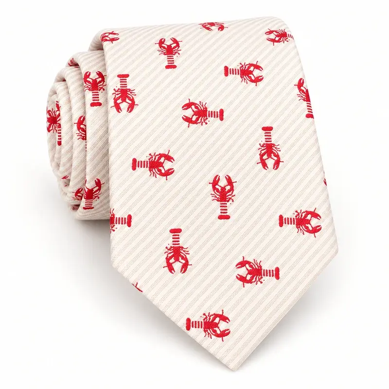 Cream tie with repeated red lobster motifs and pale diagonal stripes.