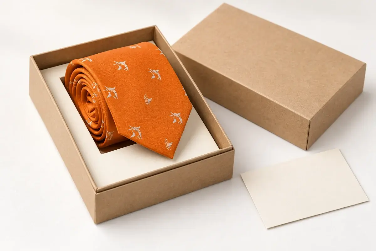 Rolled orange tie inside a fitted kraft-colored gift box with its lid beside it.