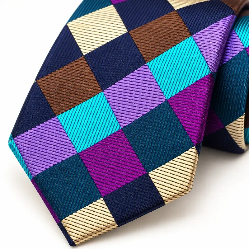 Close-up of necktie with colorful geometric blocks