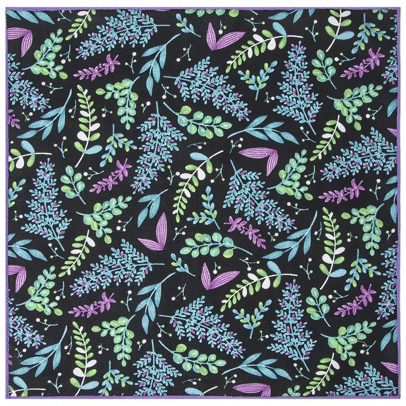 Close-up of colorful botanical motifs on a black tie.