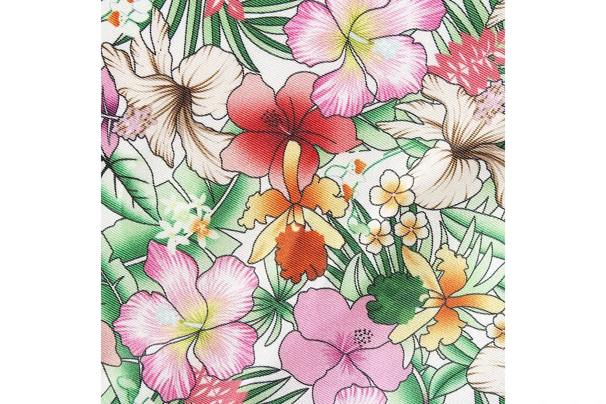 Close-up of multicolor flowers and fine black outlines on fabric.