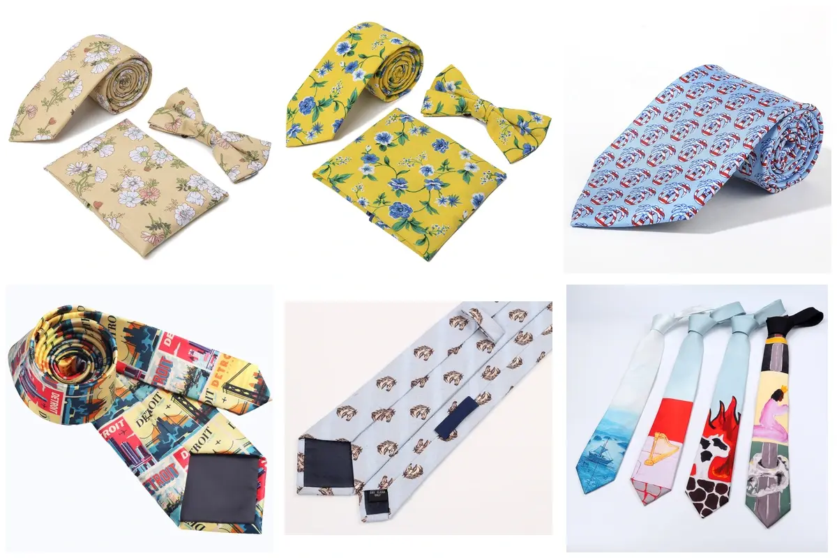 Six examples of floral repeats, illustrated motifs and placed graphics on ties.