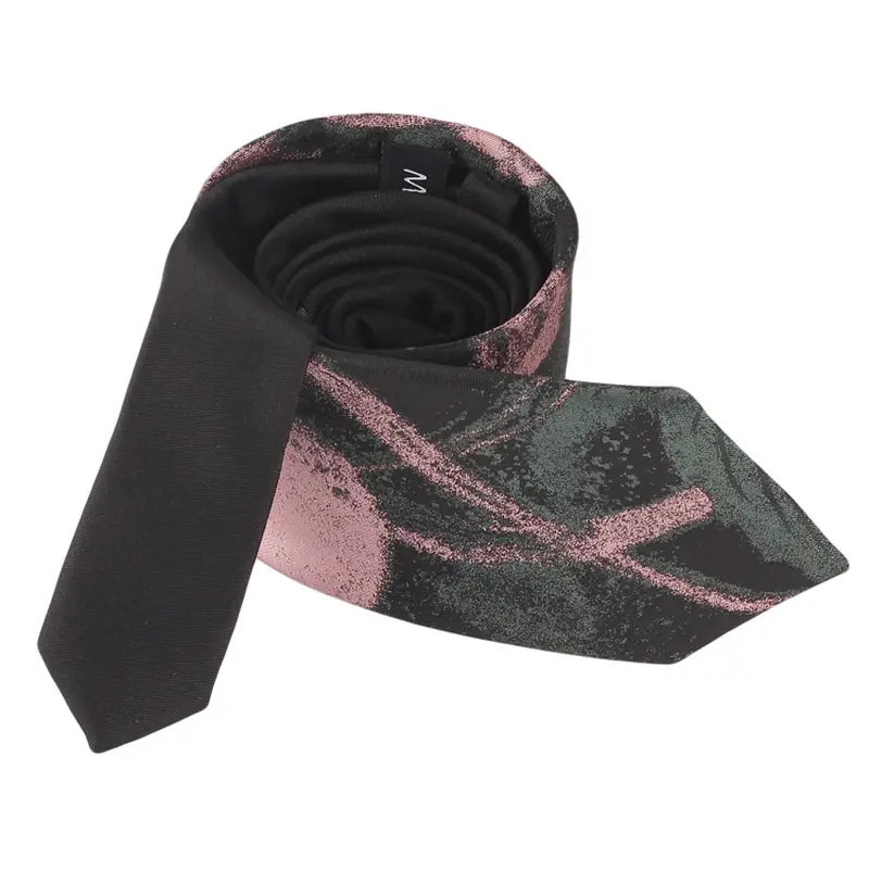 Rolled black tie with an abstract pink and green pattern.