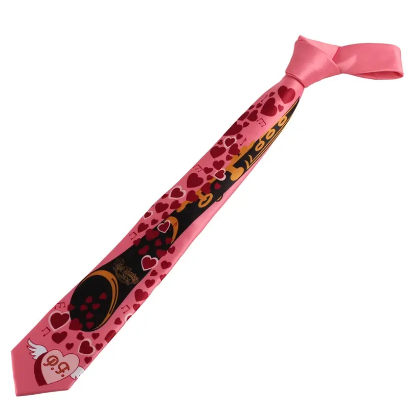 Pink tie with large placed graphics and heart motifs along the blade.
