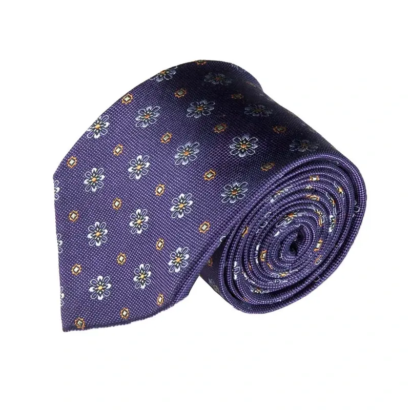 Purple tie with small woven floral motifs and gold dots.