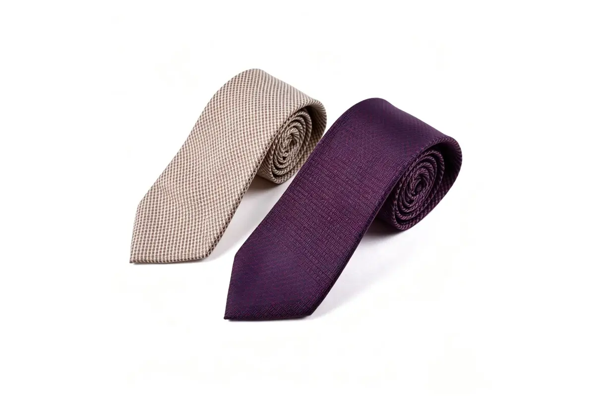 Two rolled ties in pale taupe and purple with surface and finished blade edges.