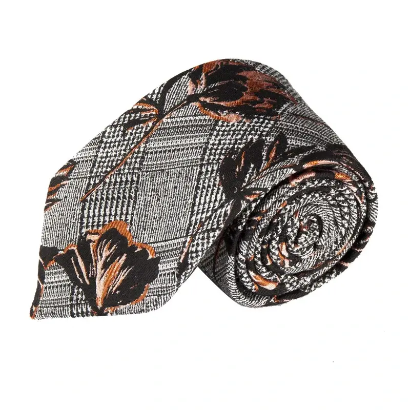 Rolled tie combining orange floral artwork with fine black and white check.