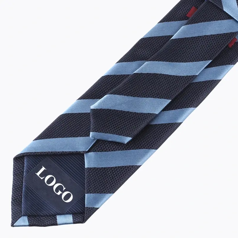 Blue striped tie reverse with a sample LOGO mark on its tipping.