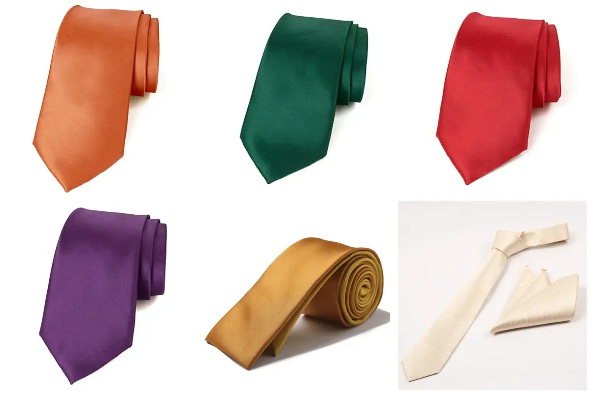 Six satin ties in orange, green, red, purple, gold and cream.