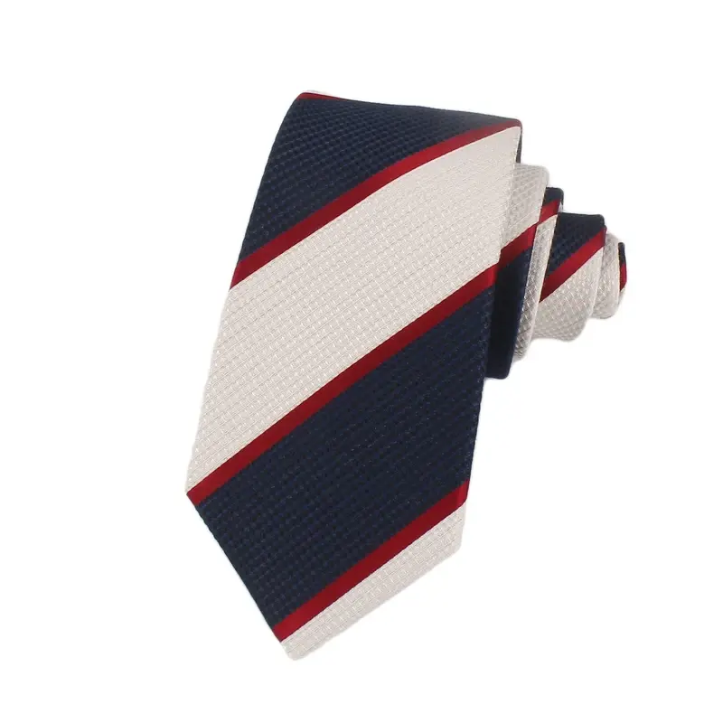 Navy necktie with broad white and red diagonal stripes