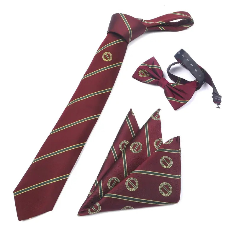 Burgundy striped tie, bow tie and pocket square with coordinated circular.