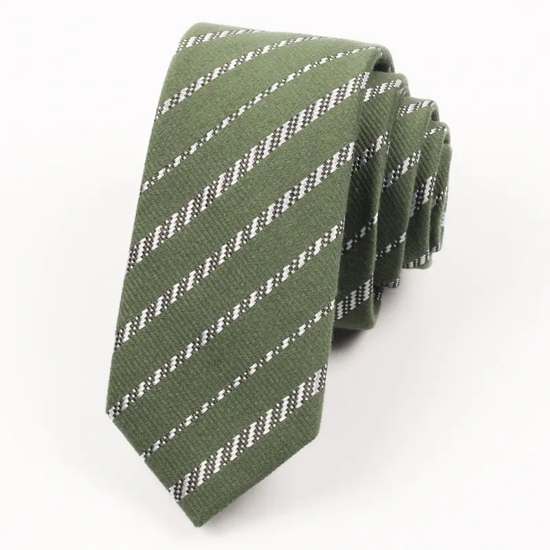 Rolled green tie with fine pale diagonal stripes.