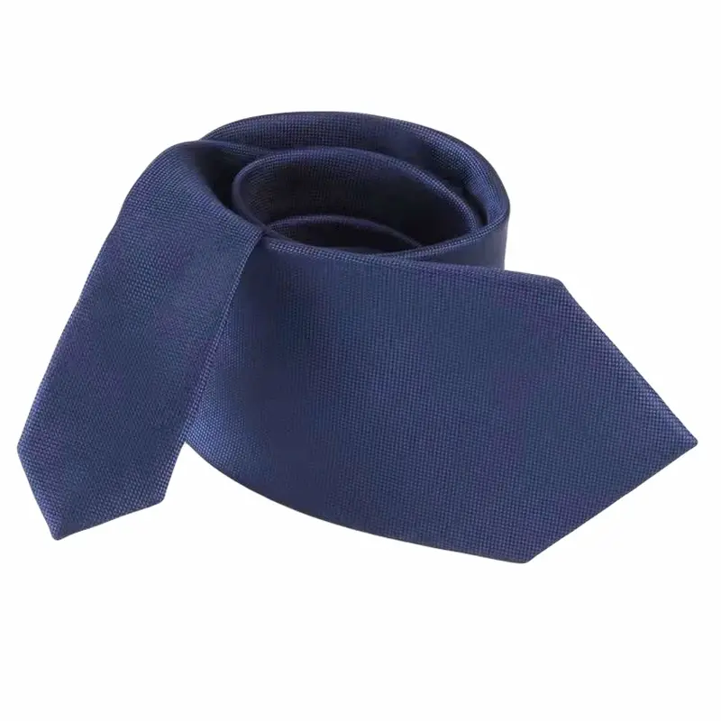 Plain navy tie loosely rolled on a white background.