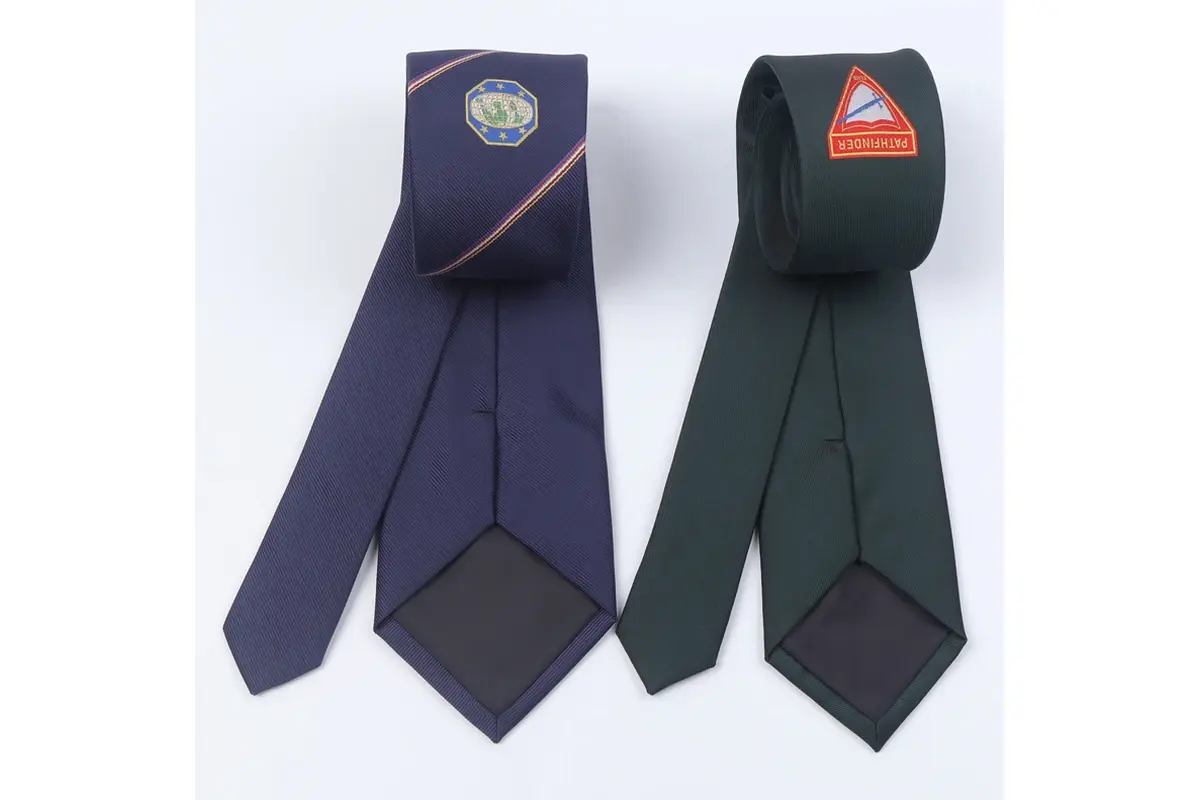 Navy and green crest ties with front designs and reverse seams and tipping.