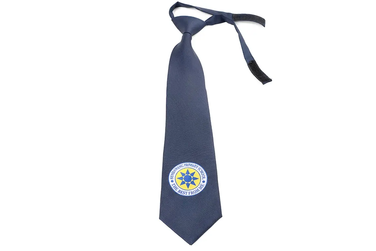 Navy tie with adjustable strap and a blue, yellow and white school crest.