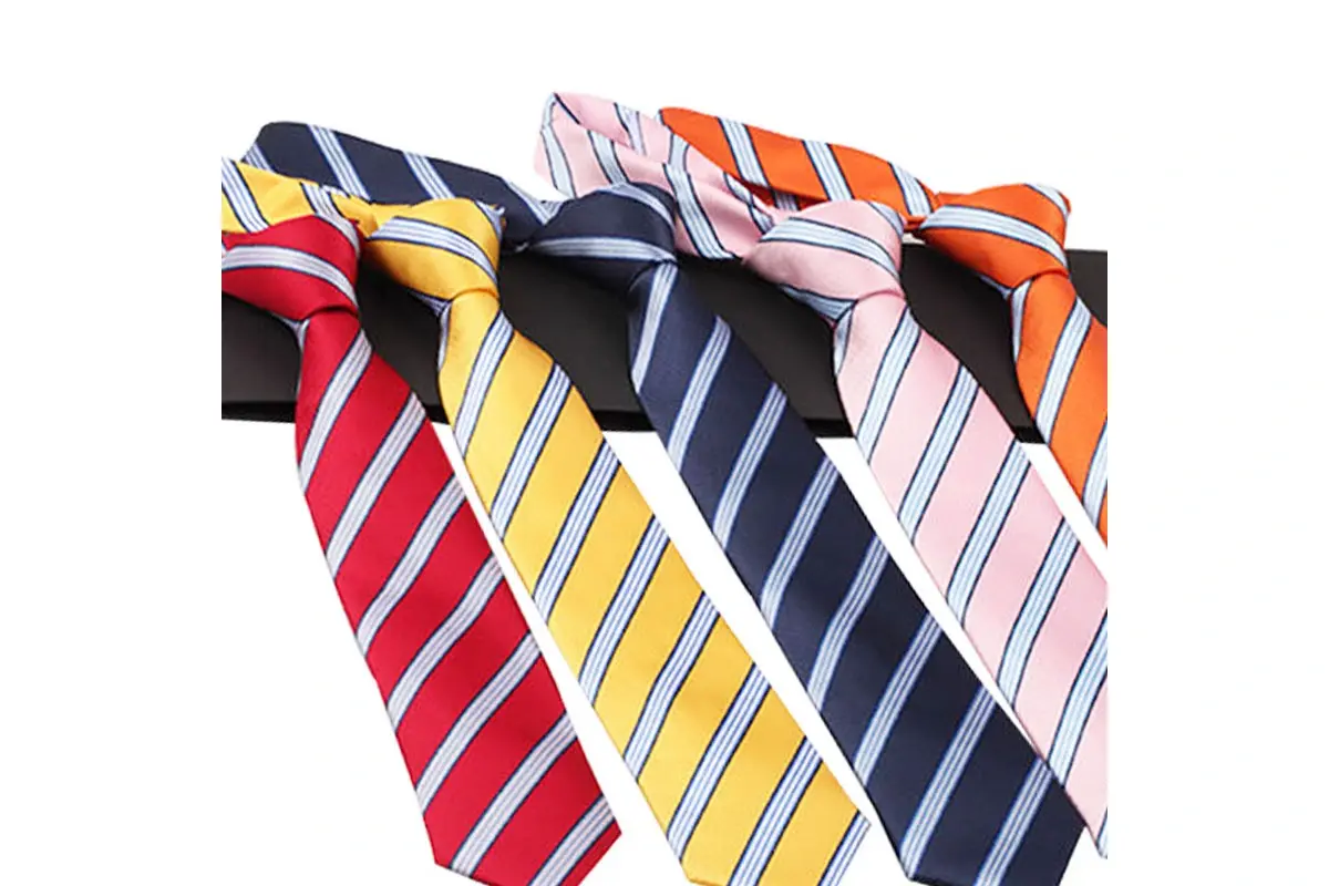 Five knotted ties in red, yellow, navy, pink and orange with contrast stripes.