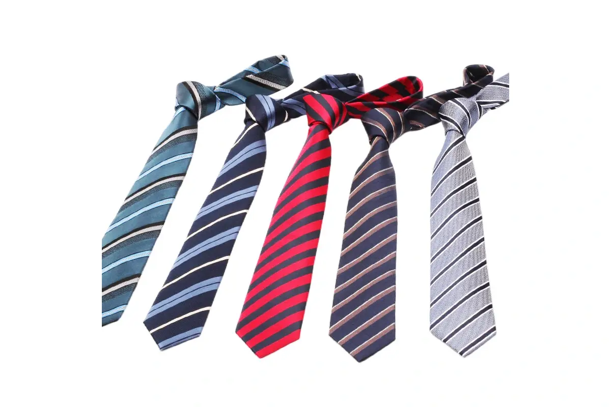 Five knotted ties with diagonal stripes in blue, navy, red, brown and gray.