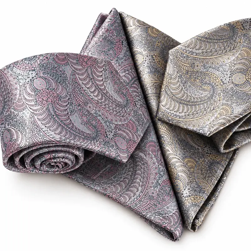 Close view of pink and champagne paisley silk tie surfaces.