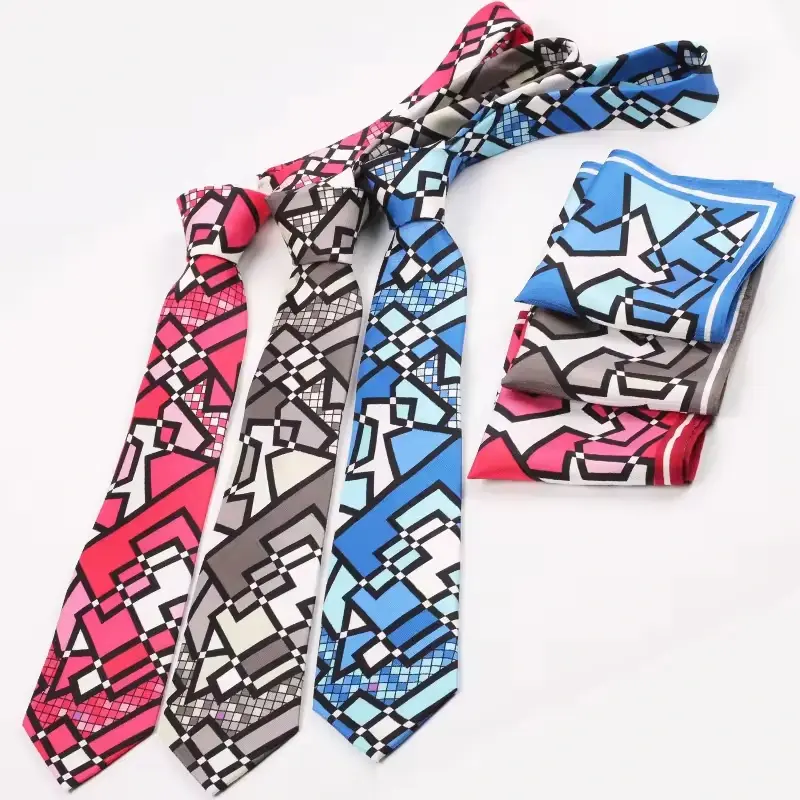 Pink, brown and blue geometric-pattern ties with matching pocket squares.