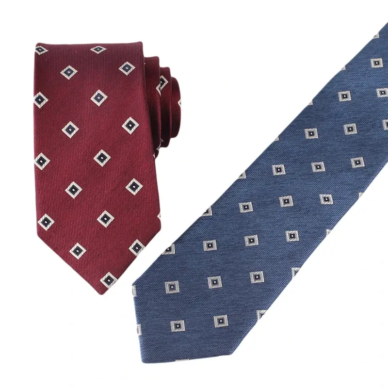 Burgundy and navy ties with small repeating diamond motifs.