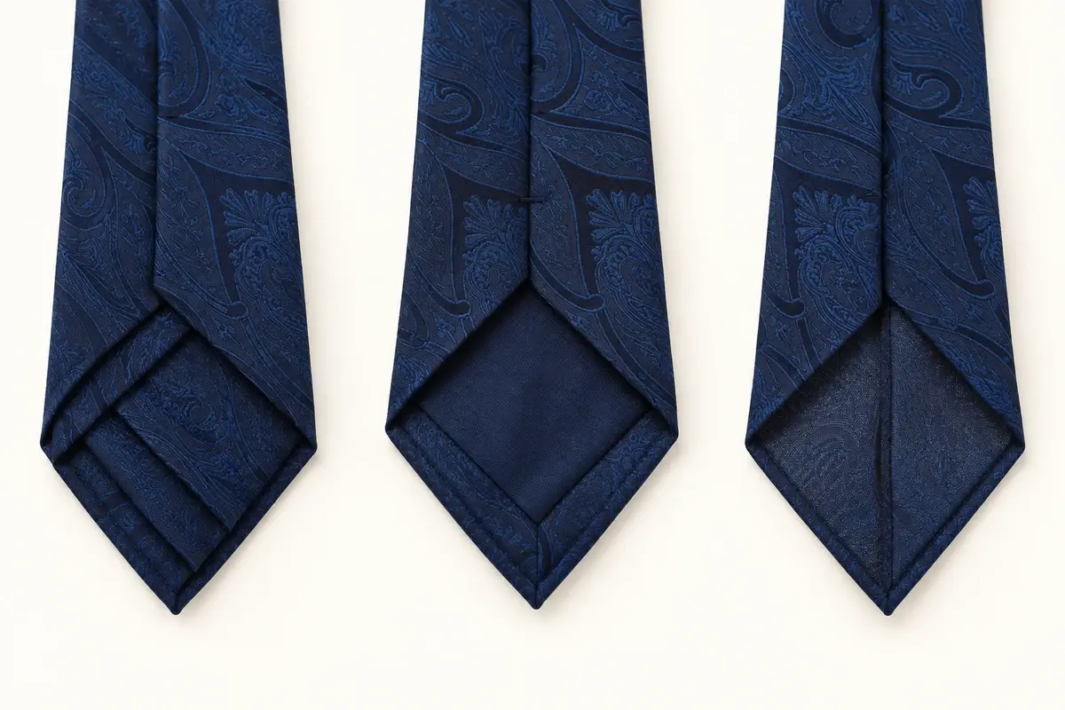 Three navy paisley tie samples showing different reverse construction options.