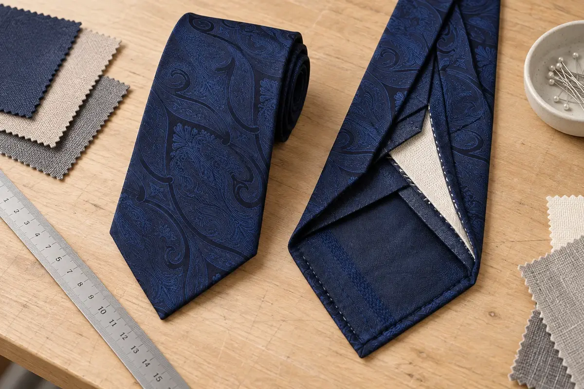 Finished navy paisley tie and open construction sample prepared for approval.