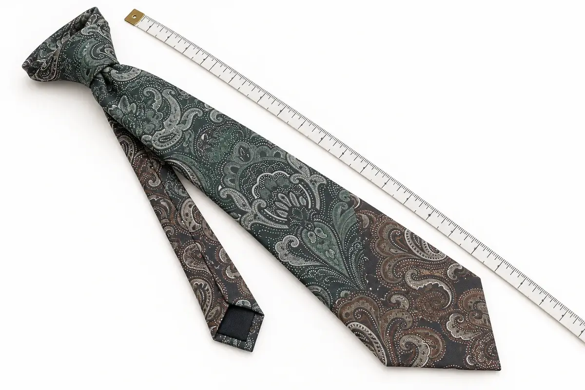 Full paisley silk tie laid beside a measuring tape for proportion review.