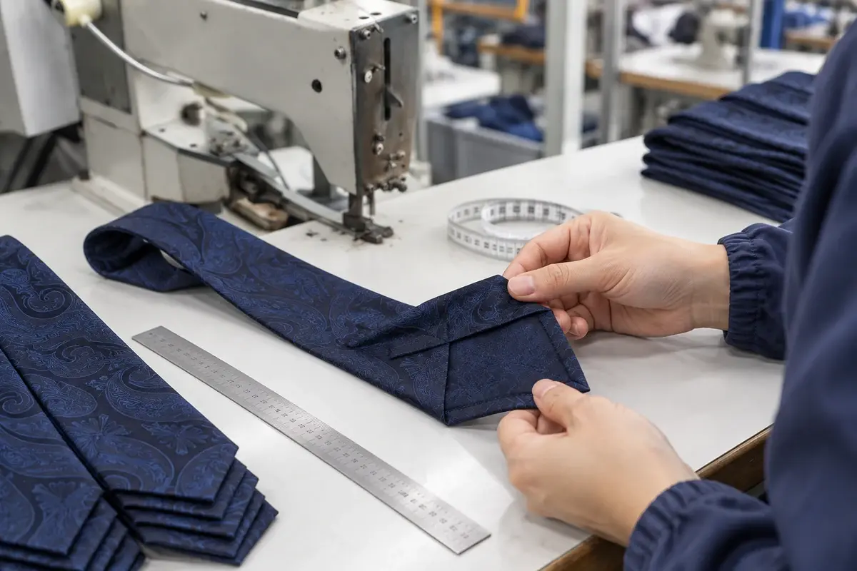 Worker checking the reverse construction of a navy paisley tie in the workshop.