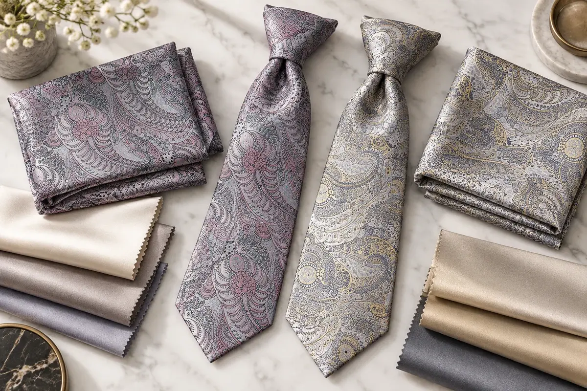 Paisley tie samples and silk swatches for selection.