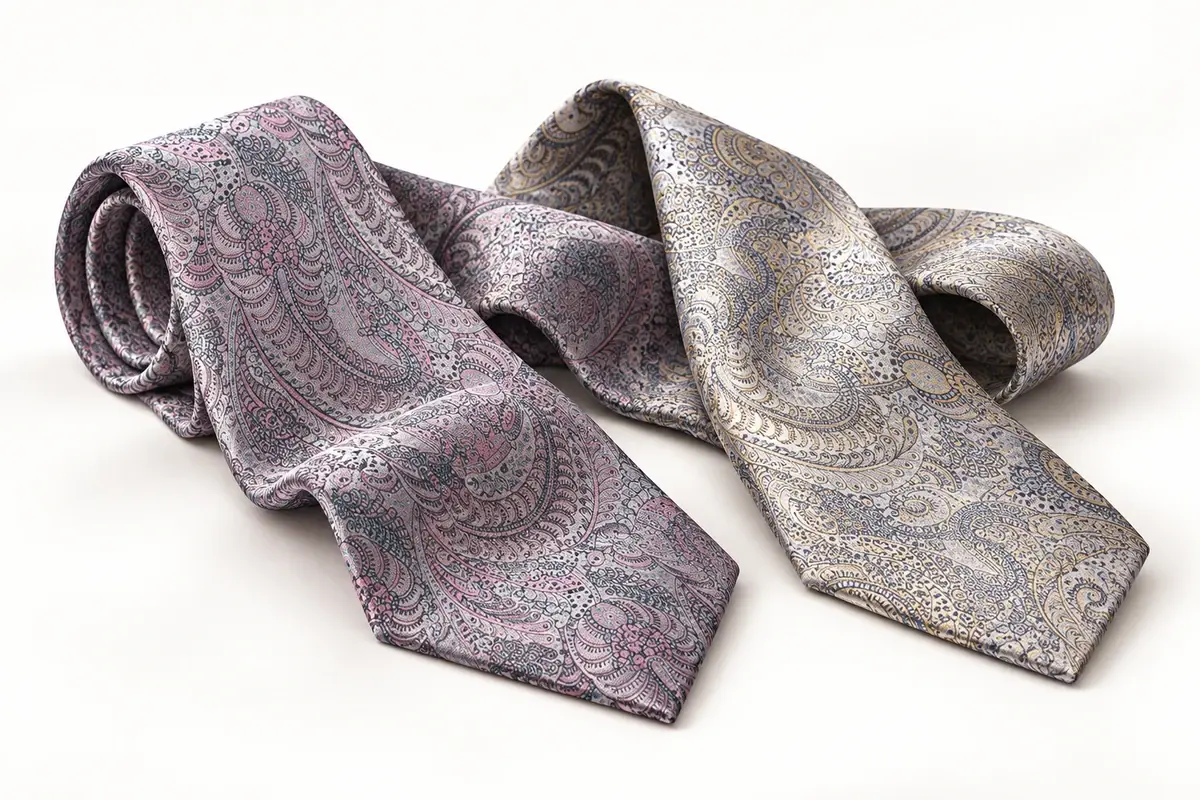 Pink and champagne paisley silk ties arranged to show their surface and drape.