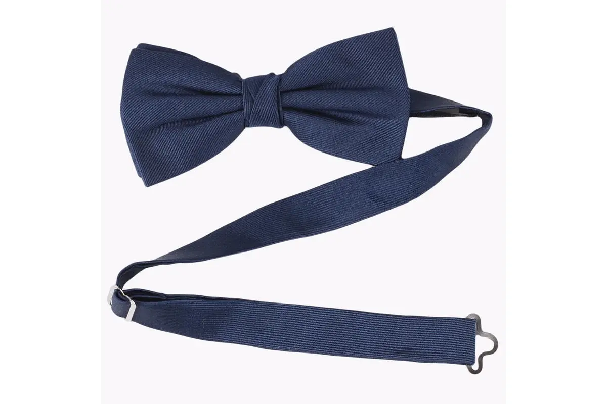 Navy pre-tied bow tie with a long adjustable neck strap and metal hook.