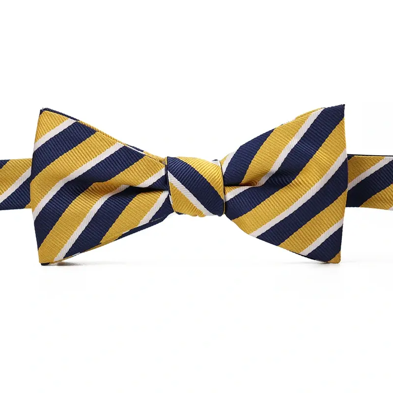 Navy, yellow and white striped pre-tied bow tie.