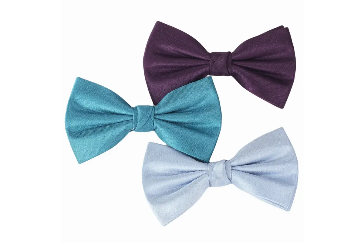 Purple, teal and pale blue pre-tied bow ties arranged on a white background.