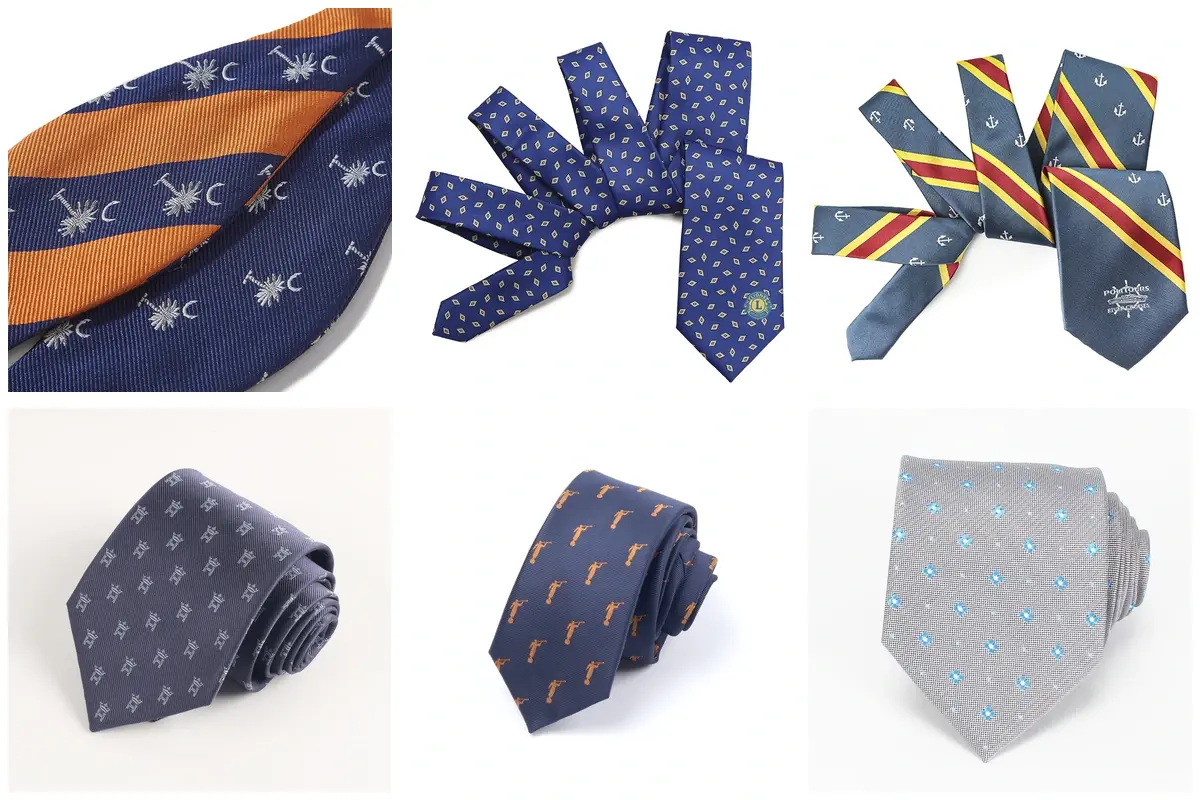 Six tie examples with woven stripes, emblems and motifs at varied scales.