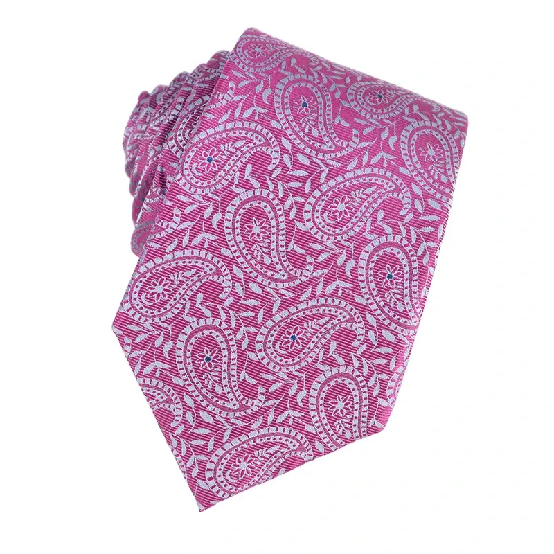 Pink paisley necktie on white background