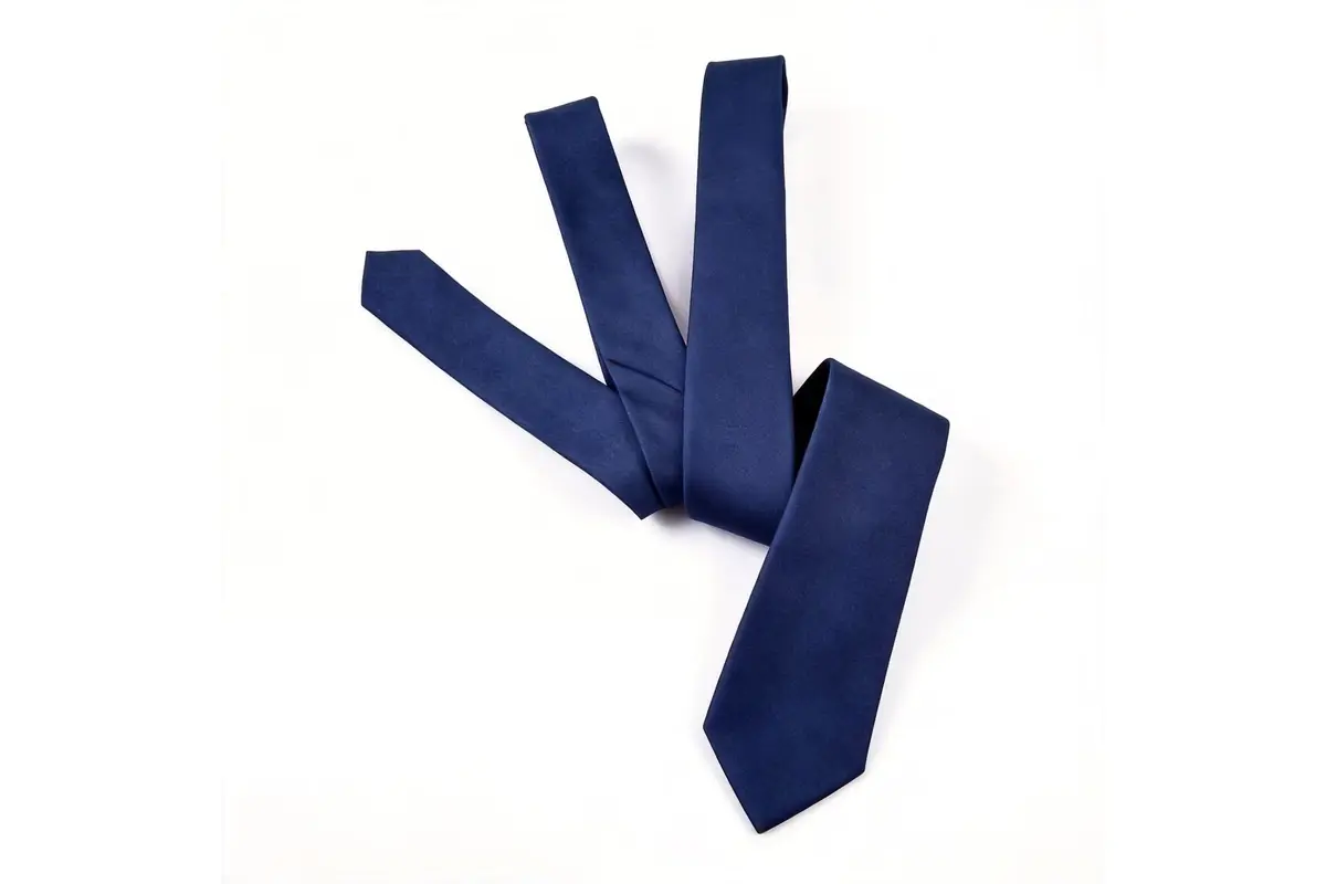 Plain navy tie arranged to show the wide blade and narrow tail.