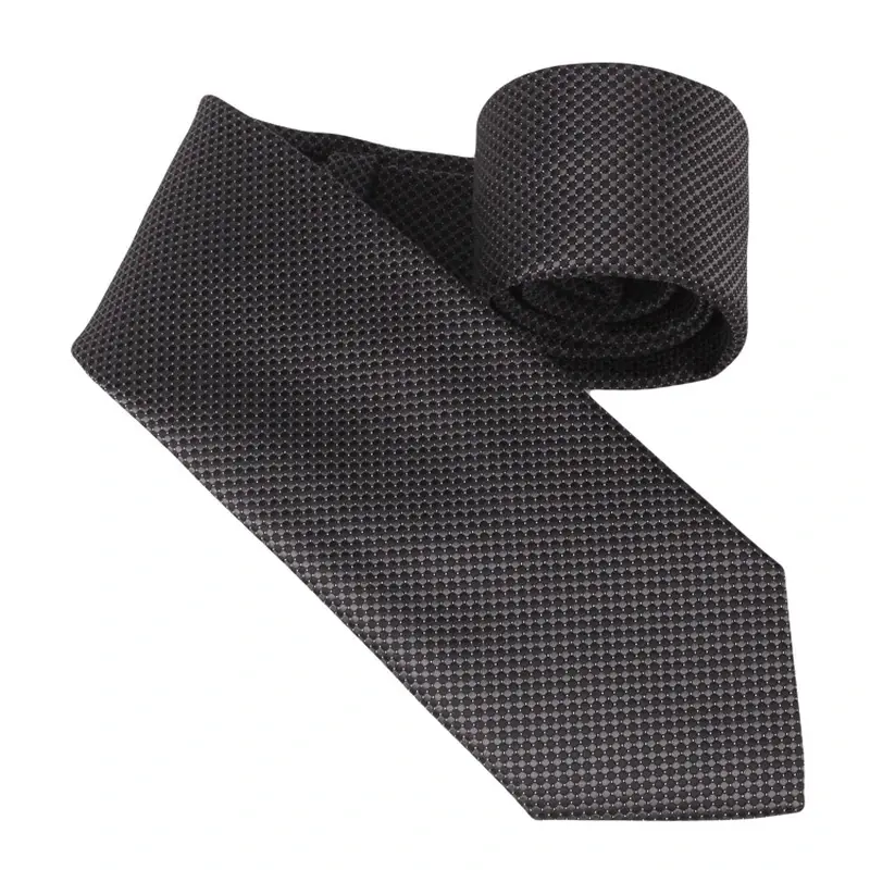 Rolled dark gray tie with a fine textured surface.