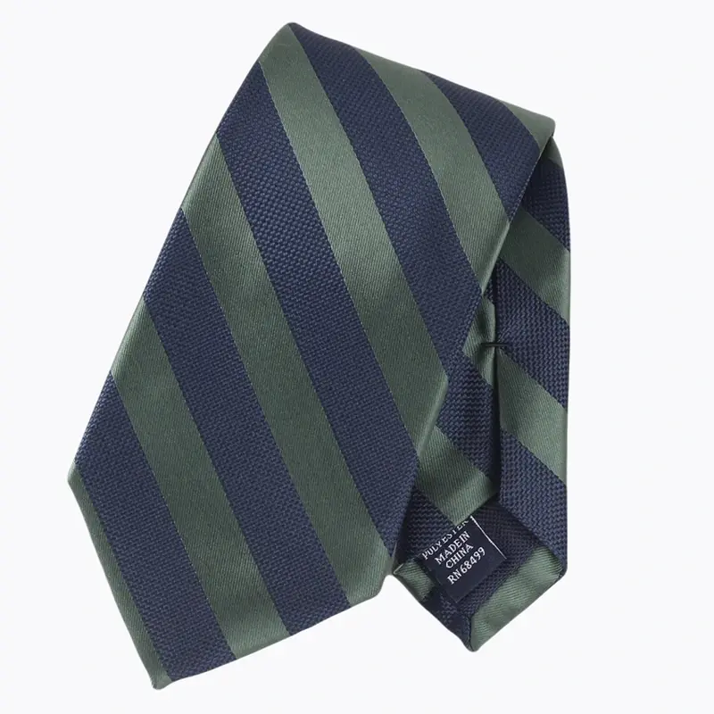 Folded tie with wide navy and muted green diagonal stripes.