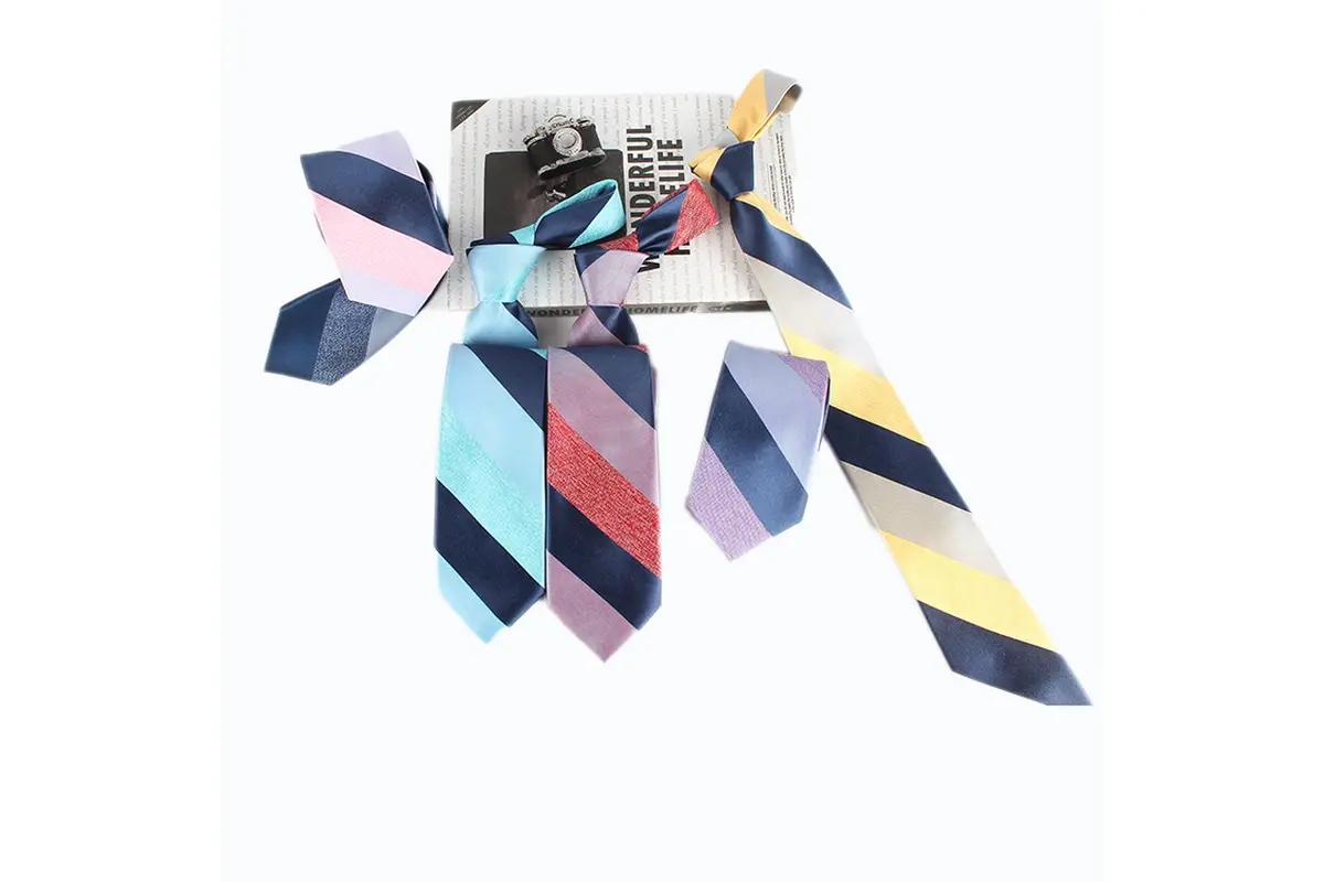 Ties with broad diagonal stripes in navy and pastel colors.