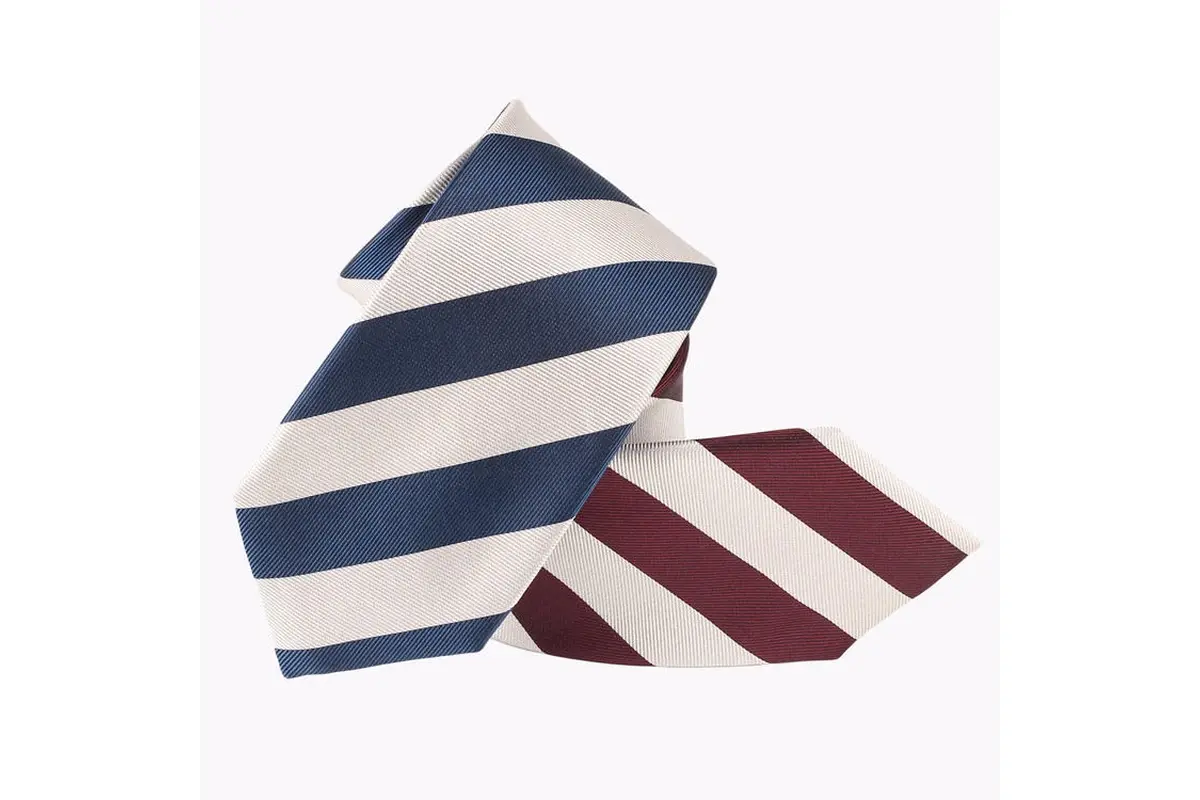 Two rolled ties with broad cream stripes alternating with navy and burgundy.