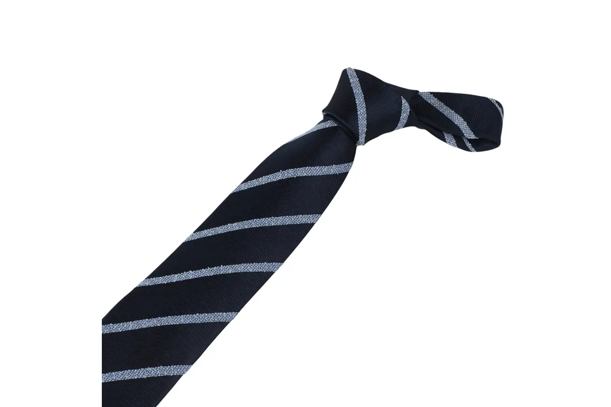 Knotted navy tie with pale diagonal stripes across the knot and blade.