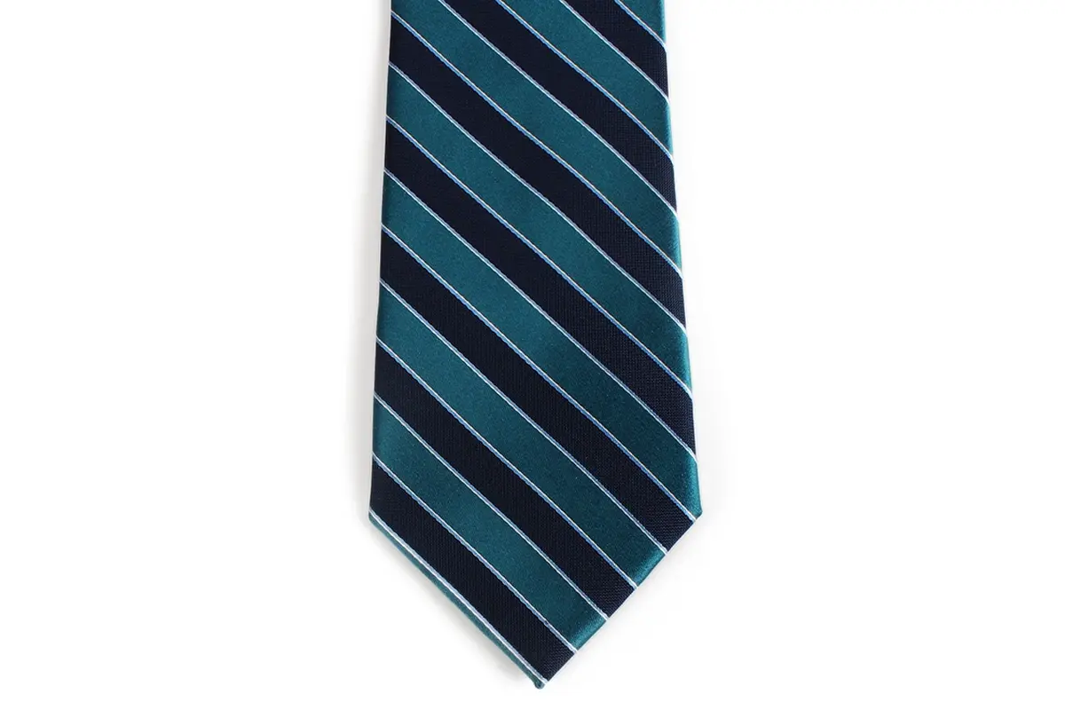 Navy tie blade with repeating teal diagonal bands and thin pale edges.