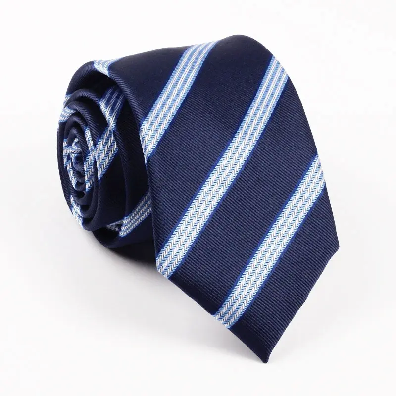 Rolled navy tie with pale blue diagonal stripes.