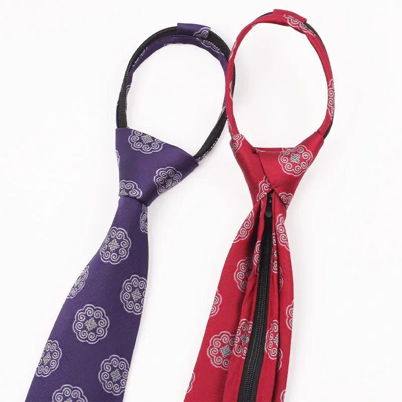 Purple and red adjustable ties with repeated pale circular emblems.