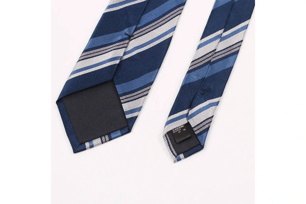 A blue and ivory striped tie with folded edges, keeper, center seam and tipping.